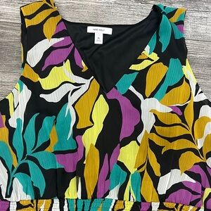 Nine West Black Tropical V-Neck Tank Top with Teal, Yellow, Purple & White